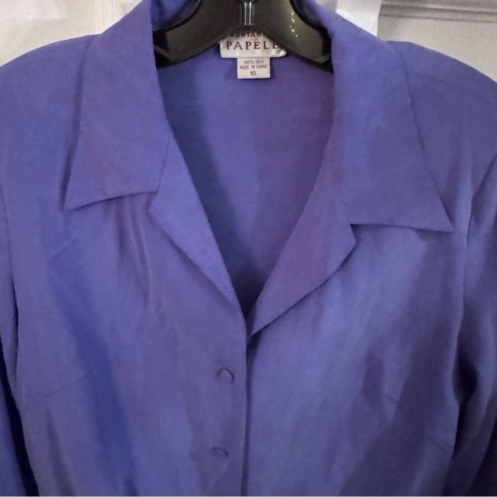 Arianna Papell Women’s 100% Silk Button Up Blouse Drawstring Waist Blue Size 10 View 2